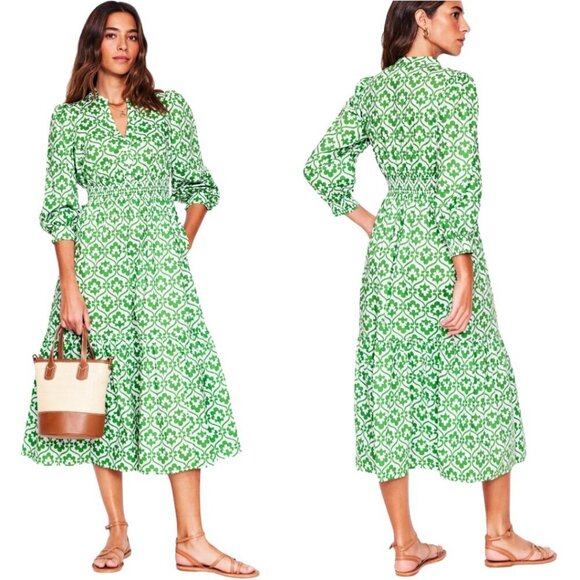 Boden Elena Cotton Tiered Midi Dress Womens 16-18 Paradise Green Ivy Trellis NWT - Picture 1 of 16